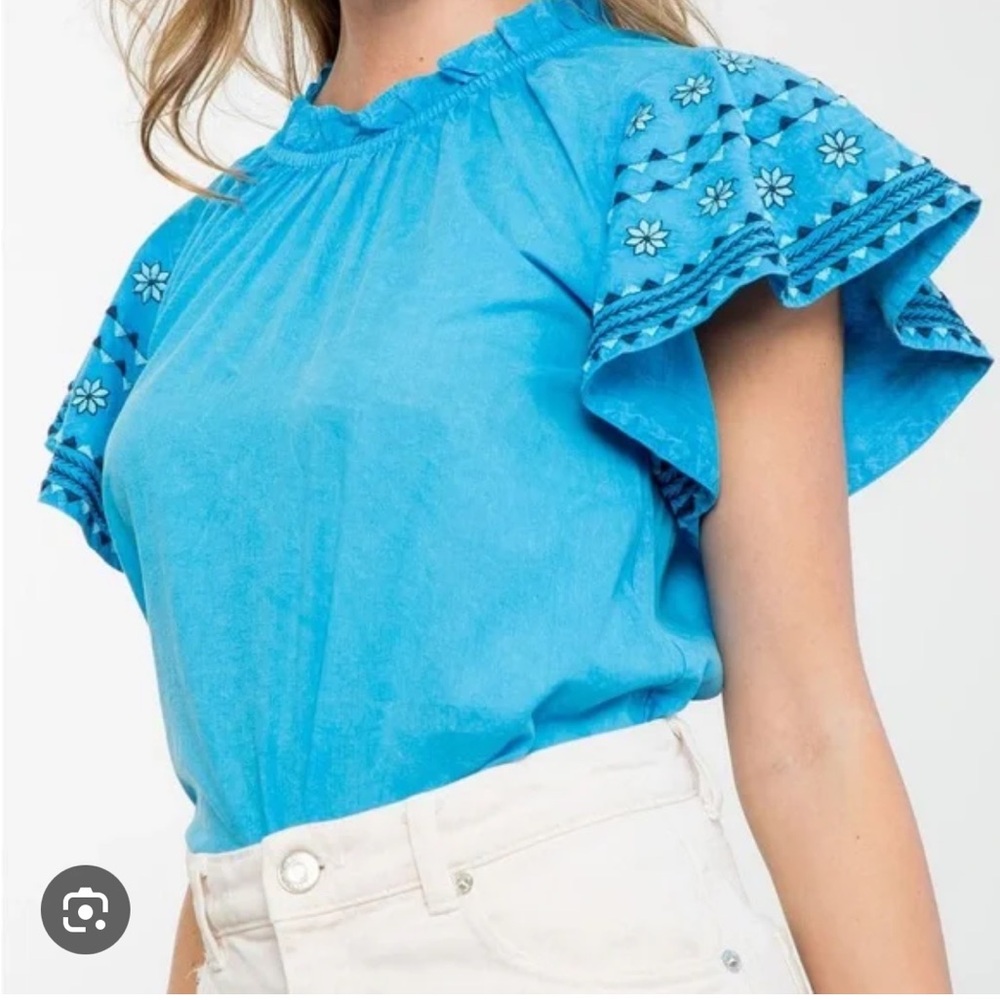 Embroidered Women's Top Flutter Sleeve